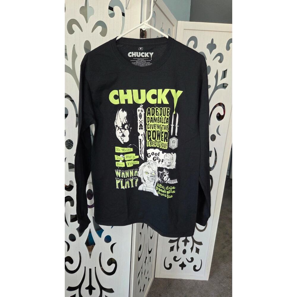 Chucky Horror Graphic Tee Wanna Play Black Shirt Medium NWOT Cotton